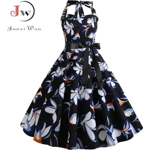 Vintage Dress 2021 Casual Summer Floral Women Robe 50S 60S Rockabilly Swing Pinup Vestido Black Floral Print Elegant Party Dress
