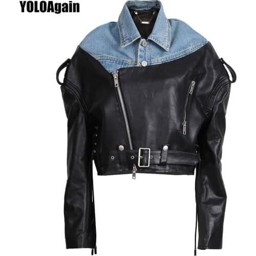 YOLOAgain Women Genuine Leather Jacket Denim Stitching Drop-Shoulder Sleeve Short Biker Jacket