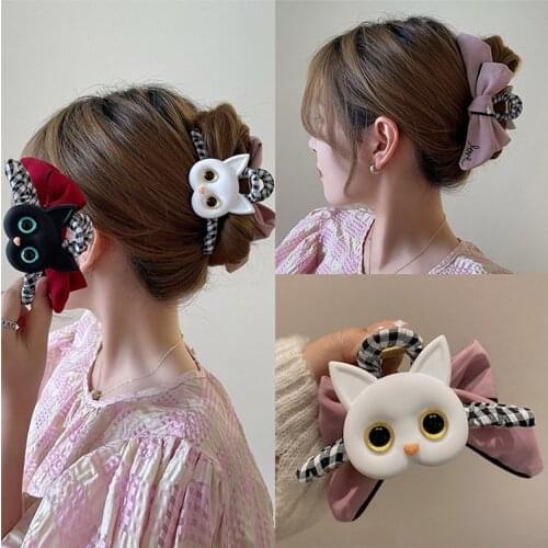 Korean Cute Cat Hairpin Cartoon Hair Claw Shark Clip for Women Girl Double-sided Design Large Bow Catch Clip Back Head Headdress