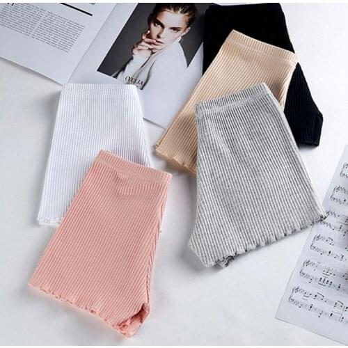 Ladies Women Summer Safety Pants Thread Ribbed Striped Seamless Stretchy Underpants Solid Color Ruffled Agaric Hem Boxer Shorts
