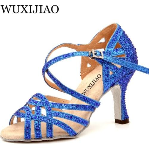 WUXIJIAO Gold silver Rhinestone Latin Dance Shoes Women Salas Ballroom Shoes Pearl High Heel 9cm Waltz Software Shoes Hot Sale