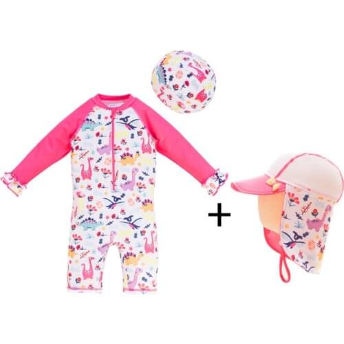 1-6 Years Old Baby Girls Swimsuit Sun Protection Cap Set Long Sleeves One Piece Swimwear for Kids Toddler Cartoon Girls Swimming