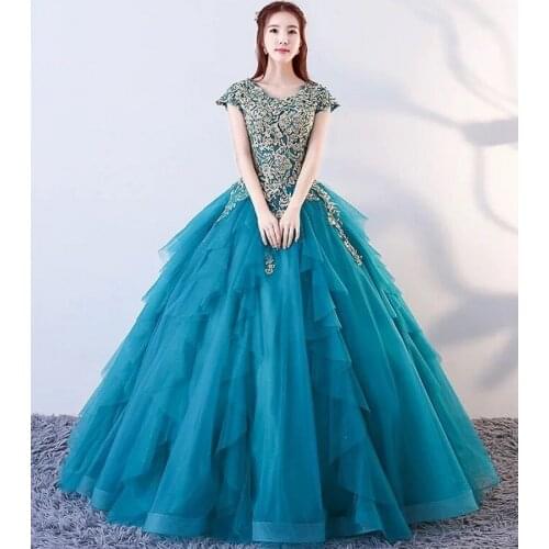 Peacock Blue lLace Beaded Applique Ball Gown Quinceanera Dresses 2019 Customade Sweet 15 Dresses Vestidos De Quinceanera Party