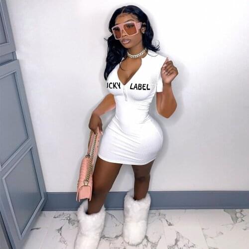 2021 New Style Women’s Casual Short Sleeve Skinny Dress Ladies Fashion Letter Embroidery Zipper Short Dress