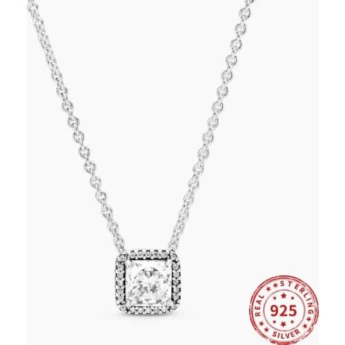 Authentic 100% 925 Sterling Silver Necklaces Women Square Sparkl Halo Necklace Pendant Necklaces for Women Jewelry 2020
