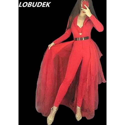 Winter Women Singer Host Concert Costume Red White Sexy V-neck Jumpsuit Removable Tail Adult Stage Outfit Nightclub Clothing