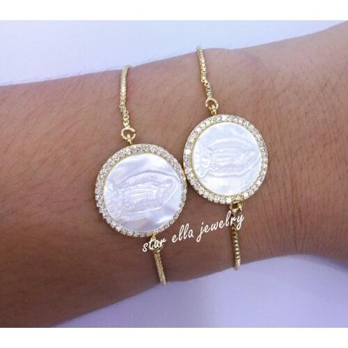 10pcs/lot Micro Pave Cubic Zirconia Virgin Maria Mother of Pearl Link Chain Adjustable Bracelet Pulsera Bisuteria Hot Jewelry
