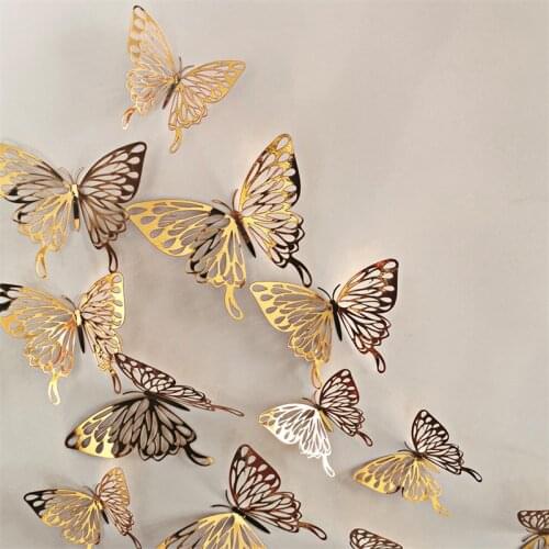 12pcs3D Metal Texture Cut Out Butterfly Wall Sticker Living Room Bedroom Three Dimensional Butterfly Stick Home Wedding Decorati