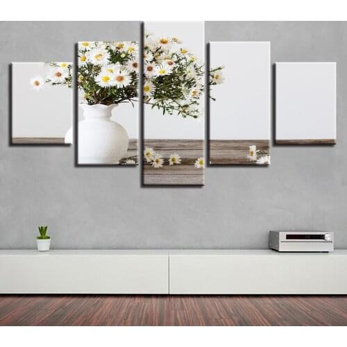 5 Pieces White Small Daisies Modern Canvas Prints Painting Wall Poster Art Pictures Home Decor Living Room