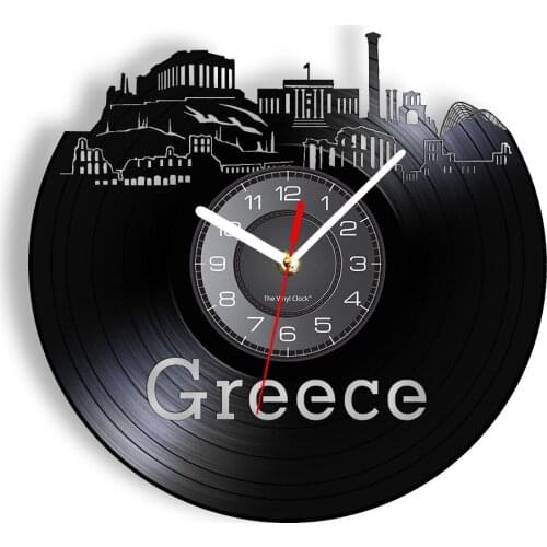 Greece Athens Landscape Decorative Wall Clock Mediterranean style Athen Acropolis Santorini Cityscape Vinyl LED Art Wall Watch