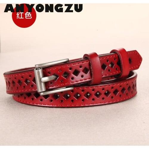ANYONGZU Brand Luxury New Female Really Cowhide Belt Hollow Red Black White Pin Buckle Leather Fashion Gift For denim shorts