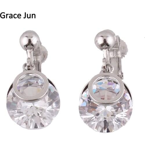 Grace Jun New Arrival AAA CZ Round Clip on Earrings Without Piercing for Women Wedding Party Fine Jewelry Accessory Not Allergy