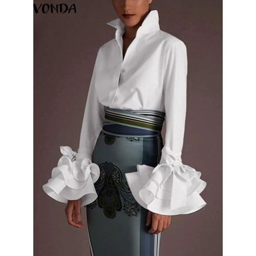 Elegant Shirts 2021 VONDA Women Sexy Turn-down Collar Flare Sleeve Party Tops Office Ladies Bohemian Blouses Casual Solid Blusas