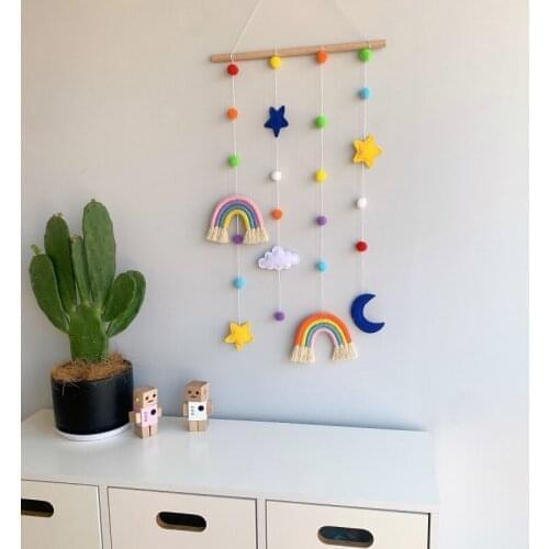 Nordic Style Felt Ball Ornament Boho Rainbow Wood Hanging Kids Room Decoration Photograph Props Barrette Storage Belt Organizer
