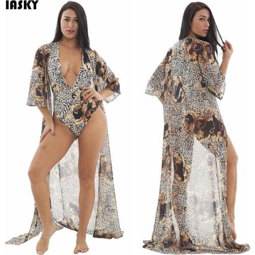 IASKY 2PCS/SET Sexy Cover Up + Swimsuit Set 2019 Print Leopard Women Cover Ups & one piece swimwear sets Robe De Plage