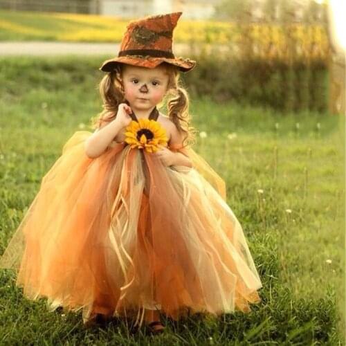 Scarecrow Halloween Costume Sun Flower Mid Calf Girls Dress for Kids Witch Cosplay Halloween Tutu Dress Vestidos with Witch Hat
