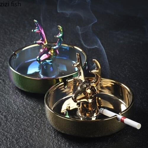 Creative Electroplating Ceramic Deer Head Ashtray Coffee Table Living Room Decoration Exquisite Large-capacity Car Ashtray Decor