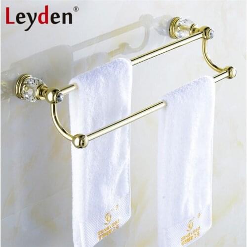 Leyden Luxury Golden Brass& Crystal Double Towel Bar European Royal Wall Mounted Towel Rack Bar Holder Bathroom Accessories