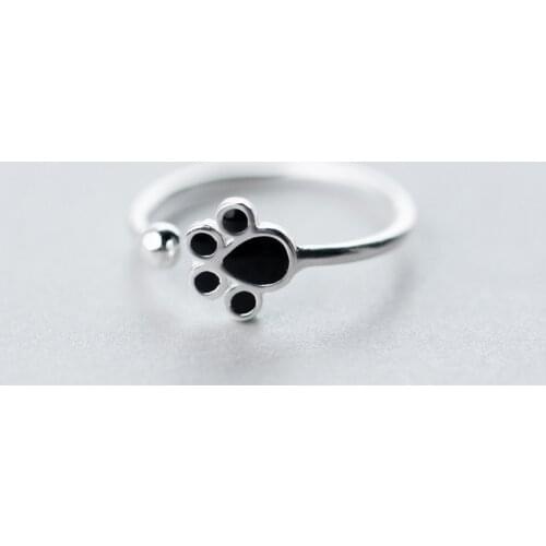 MloveAcc Real 925 Sterling Silver Adjustable Rings for Women Black Cat Paw Footprints Ring Jewelry Cute Girls Gift