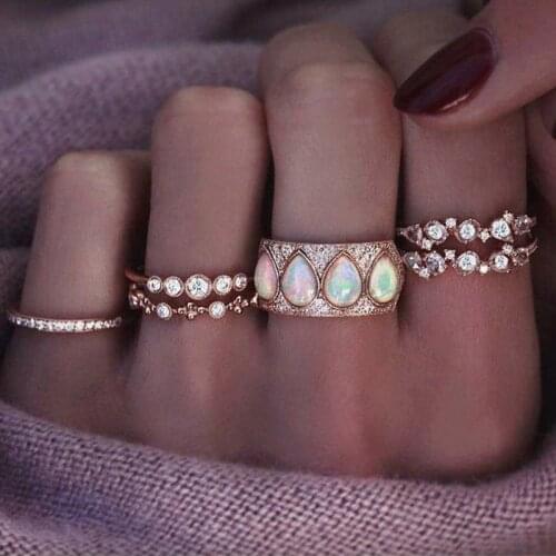 6 Pcs/Set Fashion Women Colorful Crystal Gem Water Drop Gold Ring Set Party Knuckle Rings Lady Jewelry Accessories