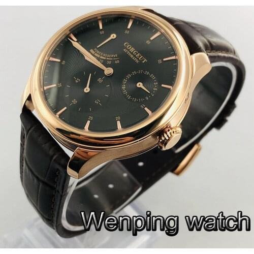 Corgeut 40mm New Mens Top Luxury Mechanical Watch Rose Gold Case Black Dial Date Leather Strap Power Reserve Automatic Watch