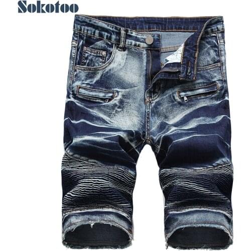 Mens slim straight biker shorts for motorcycle Tie and dyed pleated slim straight stretch denim jeans Summer Capri