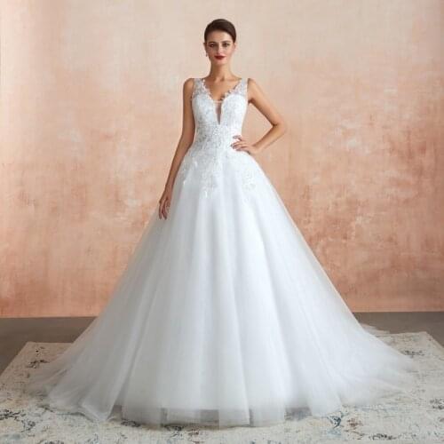 Cheap A Line Wedding Dress V Neck Sleeveless Illusion Back Sequins Lace Appliques Tulle Bridal Gown