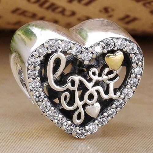 Original Openwork Love Script With Crystal Beads Fit 925 Sterling Silver Bead Charm Bracelet Bangle Jewelry