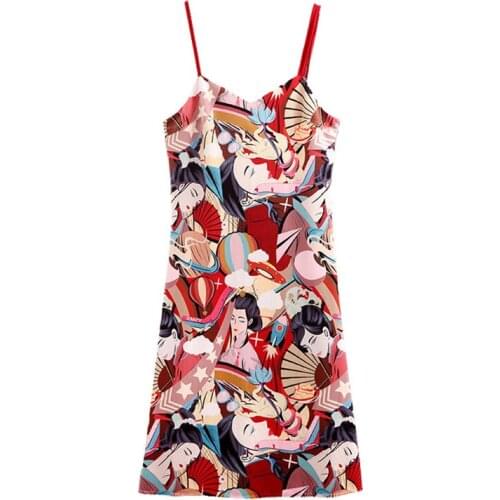 PERHAPS U Red Japanese Woman Print Strap Sleeveless V Neck Knee Length Dress Backless Straight Summer Beach D0443