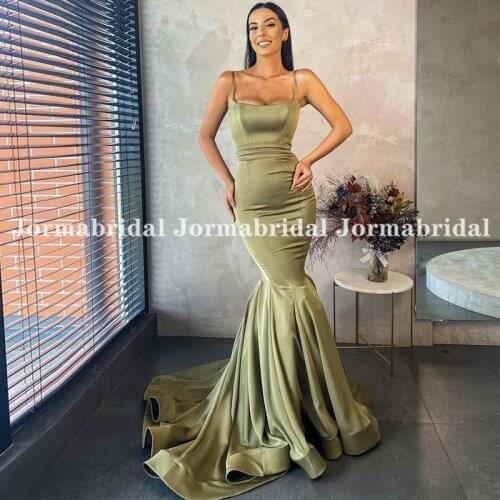 Olive Green Satin Mermaid Evening Dresses With Horsehair Hem Spaghetti Strap Formal Occasion Dress Vestidos Mujer Verano 2021