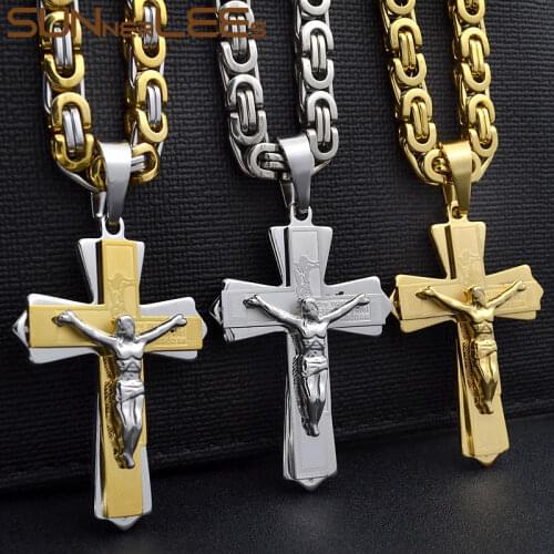 SUNNERLEES Stainless Steel Jesus Christ Cross Pendant Necklace Byzantine Link Chain Silver Color Gold Plated Men Boy SP221