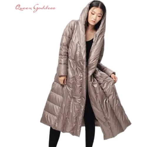 2020 winter new womens 90% white duck down novel style light ultra-long down jacket large size S-7XL