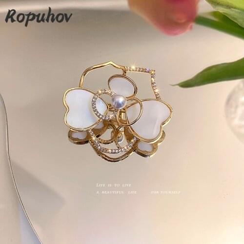 ROPUHOV 2021 Korean Trendy Pearl Micro Inlaid Zircon Love Flower Hollowed Out Brooch Elegant and Versatile for Women