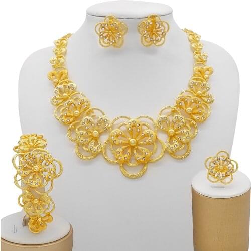 Nigeria 24K Gold Color Jewelry Sets For Women Luxury Necklace Earrings Bracelet Ring India African Wedding Gifts Ethiopia Set