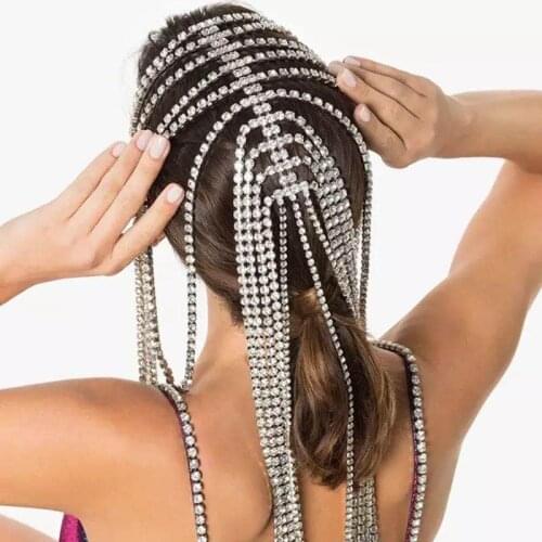Fashion hot selling Bridal Headband long tassel hair chain accessories for women crystal multi strand hair chain jewelry gift