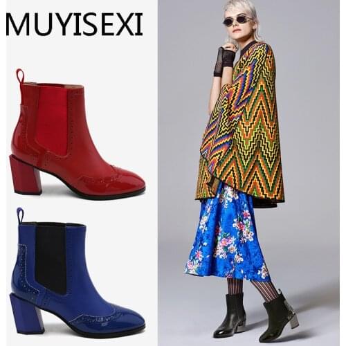 Autumn Boots Ankle Women 6.5cm Boot Square High Heels Tops Boots Winter Slip-On Botas Mujer Black Blue Red HL195 MUYISEXI