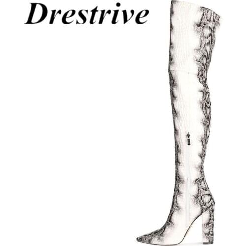 Drestrive Womens Over Knee High Boots Snake Print Thick Heels Pointed Toe Zipper 2020 Fashion Winter High Heel Shoes White