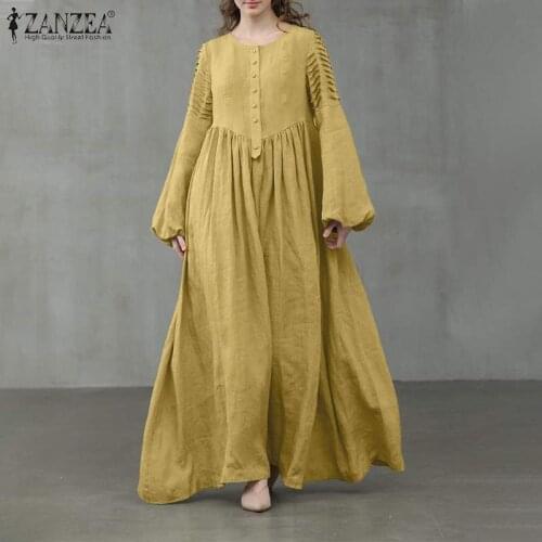 ZANZEA Women Spring Sundress Elegant Pleated Lantern Sleeve Solid Maxi Long Dress Vintage Party Vestido Kaftan Robe Femme 5XL