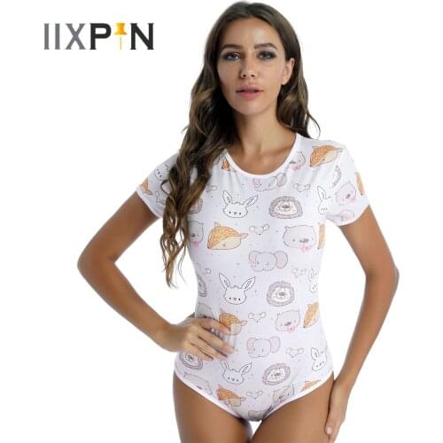 Womens Fashion Cute Cartoon Print Romper Catsuit Comfortable Nightwear Bodysuit Round Neck Short Sleeve Fit Jumpsuits Loungewear