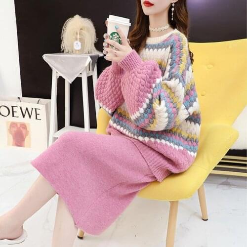 Women 2020 Autumn Winter Elegant Two Pieces Set Female Long Sleeve Knitted Pullover Sweater+Package Hip Skirt Suit Outfits