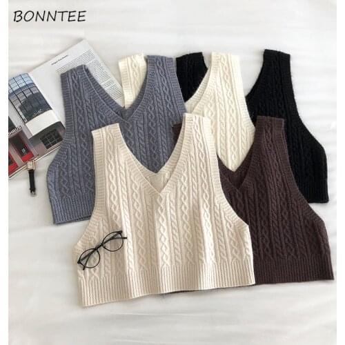 Sweater Vest Women Ulzzang All-match Retro Chic V-neck Ladies Cropped Sweaters Daily Preppy Style Female Knitwear Autumn Basic