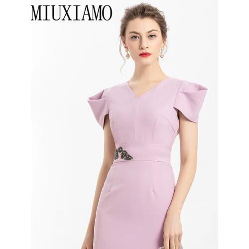 MIUXIMAO 2020 Summer Dress Runway Design Casual Dress Women Diamonds Flower Solid Elegant Slim Vintage Dress Women Vestidos