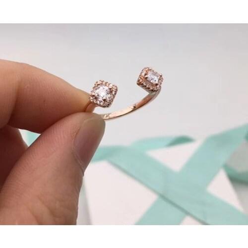 2019 Winter silver 925 jewelry Square Sparkling Open Ring with Rose 925 Sterling Silver Rings for women anillo Christmas Gift