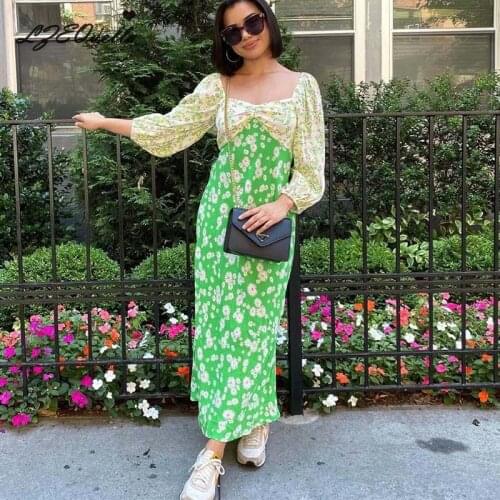 LZEQuella 2021 New Spring Summer Fashion Floral Dress Women Patchwork Lantern Sleeve High Waist Print Long Dresses Vestidos