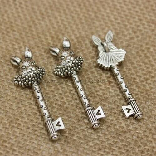 12pcs/lot 15*50mm Antique color Metal Alloy Lovely Large Rabbit Key Charms Vintage Jewelry Keys Charms