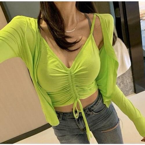2pcs/set Womens Clothing Sexy crop top ulzzang bandage Tops Chic Solid Ladies Tees Low-cut V-neck long sleeve T-Shirts DD8223
