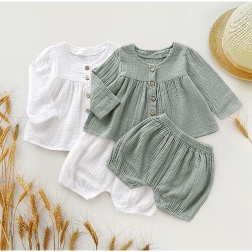 2020 Baby Set Clothes Summer New Kids Baby Girls Boys Clothes Cotton Linen Long sleeve Tops + Shorts 2Pcs Outfits Set