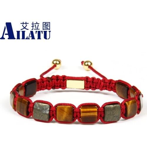Ailatu Wholesale 10pcs/lot 8x8mm Natural A Grade Tiger Eye and Bronzite Square Stone Beads Geometric Braided bracelet