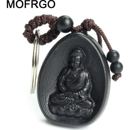 Chinese Traditional Ebony Wood Sculpture Buddha Had Peace All Year Round Car Key Ring Keychain Trinket Pendant Bag Accessories