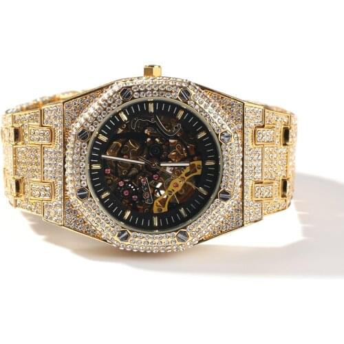 Luxury Men Gold Color Fashion Diamond Automatic Date Quartz Watch Men Gold Stainless Steel Hip Hop Men Watches Top Brand